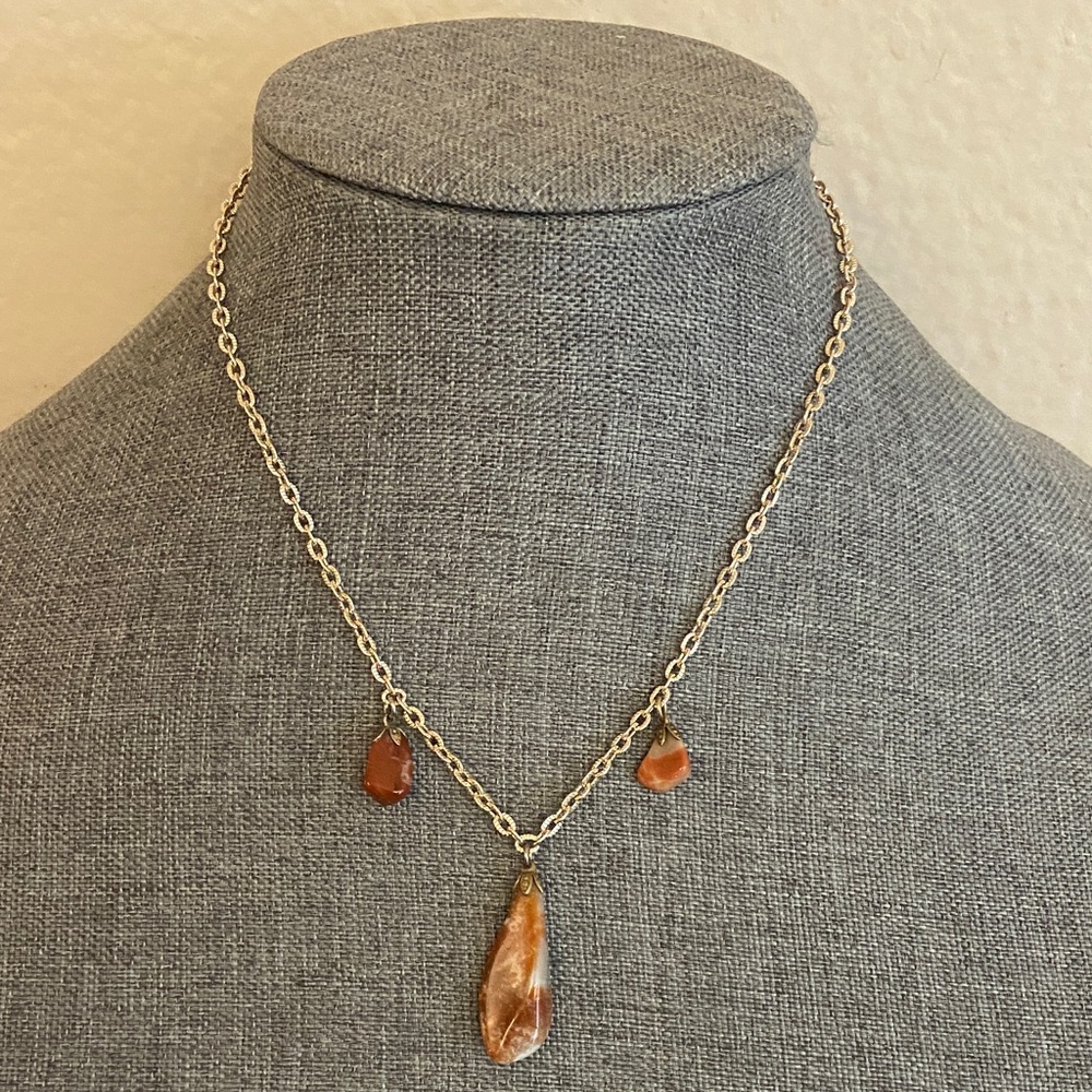Vintage GERMANY Gold Tone Chain & Agate Stones Pendant Necklace